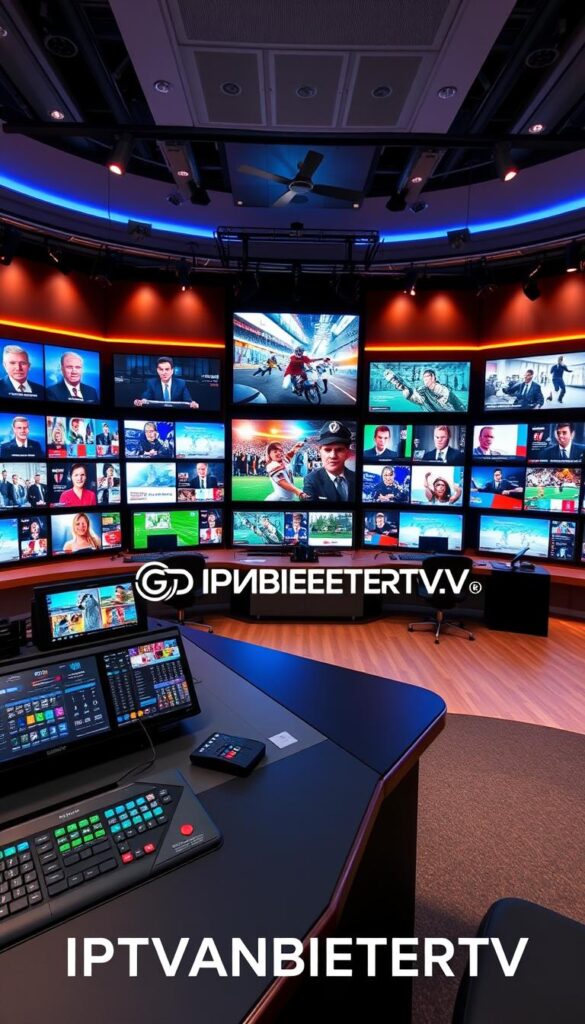A modern, dynamic television studio with a vast selection of IPTV channels. The foreground features a sleek, high-tech control desk with an array of screens displaying various programming options. In the middle ground, multiple flat-panel displays showcase the breadth of content available, from news and sports to movies and entertainment. The background depicts a large, well-lit studio space with a mix of warm and cool lighting, creating a professional and inviting atmosphere. The IPTVANBIETERTV logo is prominently displayed, conveying the brand's authority and expertise in the IPTV market.