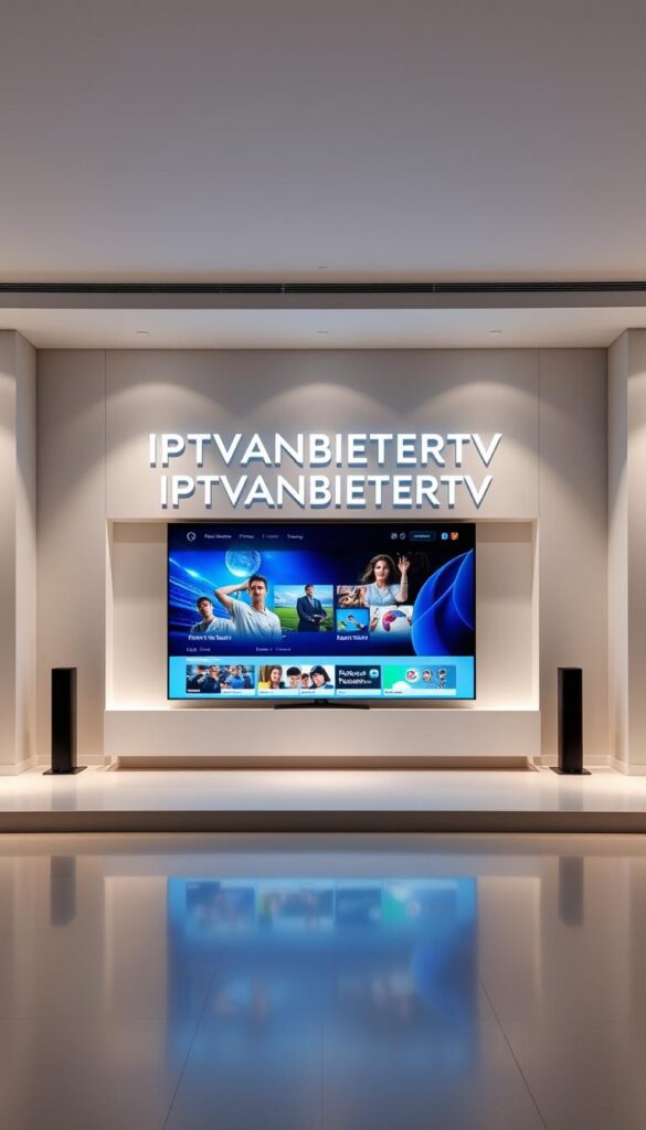 A modern, elegant digital storefront showcasing the IPTVANBIETERTV brand. The scene features a sleek, minimalist design with a large, high-resolution display in the center, showcasing vivid imagery and videos of the IPTV service offerings. The display is flanked by clean, modern typography highlighting the IPTVANBIETERTV name and key service details. The background is a subdued, neutral color palette that allows the display and branding to take center stage. Soft, directional lighting creates depth and dimension, while the overall composition conveys a sense of professionalism, reliability, and technological sophistication - reflecting IPTVANBIETERTV's position as the leading IPTV provider in Germany.