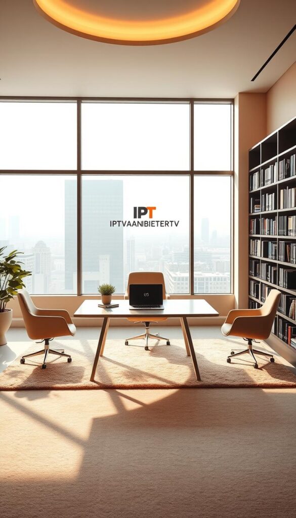 A modern, elegant office interior with a large window overlooking a cityscape. In the center, a sleek, minimalist desk with a laptop, a potted plant, and a IPTVANBIETERTV logo prominently displayed. Surrounding the desk, several comfortable chairs and bookshelves filled with technical volumes. The lighting is soft and warm, creating a professional yet inviting atmosphere. The walls are painted in a neutral, calming color palette, and the floor is covered in a plush, neutral-toned rug. The overall scene conveys a sense of productivity, organization, and the latest in technology and design.