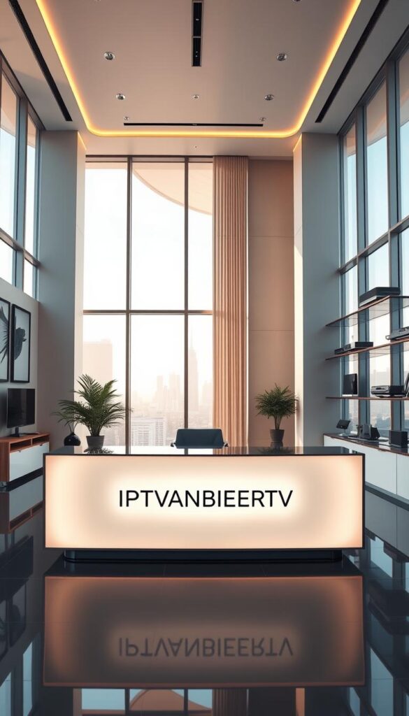 A modern, elegant office interior with a sleek, minimalist design. The centerpiece is a large desk displaying the IPTVANBIETERTV brand logo, backlit with soft, warm lighting. The desk is flanked by tall, floor-to-ceiling windows that let in natural light and offer a view of a cityscape in the background. The walls are adorned with contemporary art pieces and shelves displaying various IPTV-related devices and accessories. The overall atmosphere is one of professionalism, innovation, and technological sophistication.