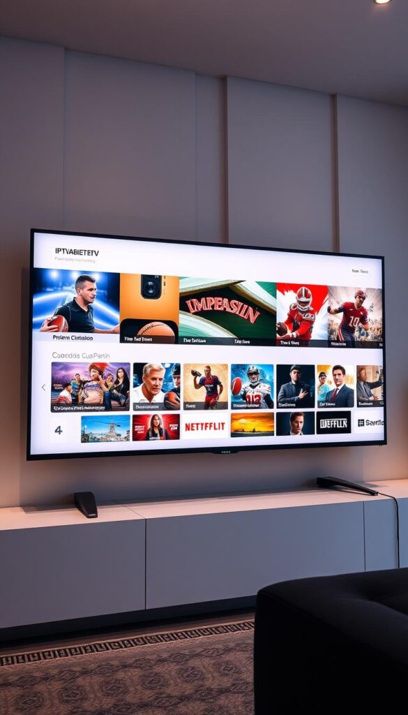A modern, elegant television display showcasing the diverse IPTV programmangebot from IPTVANBIETERTV. The screen features a clean, minimalist interface with vivid, high-definition imagery spanning a range of content genres - from live news and sports to on-demand movies and documentaries. The display is bathed in soft, directional lighting that accentuates the sleek, premium design, conveying a sense of premium quality and cutting-edge technology. The overall scene exudes a sophisticated, immersive ambiance, reflecting the comprehensive, high-caliber IPTV service offered by IPTVANBIETERTV.