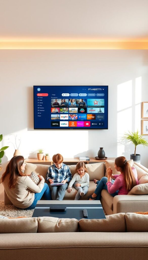 A modern family room with a large flatscreen TV on the wall, showcasing a sleek and intuitive IPTV user interface from IPTVANBIETERTV. The room is filled with natural light, creating a warm and inviting atmosphere. In the foreground, a family of four - parents and two children - sit comfortably on a plush sectional sofa, engaged in lively conversation and exploring the various IPTV options available to them. The middle ground features a coffee table with remote controls and a streaming device, emphasizing the technology integration. The background showcases tasteful decor, including potted plants and framed artwork, reflecting a cozy and family-oriented environment.