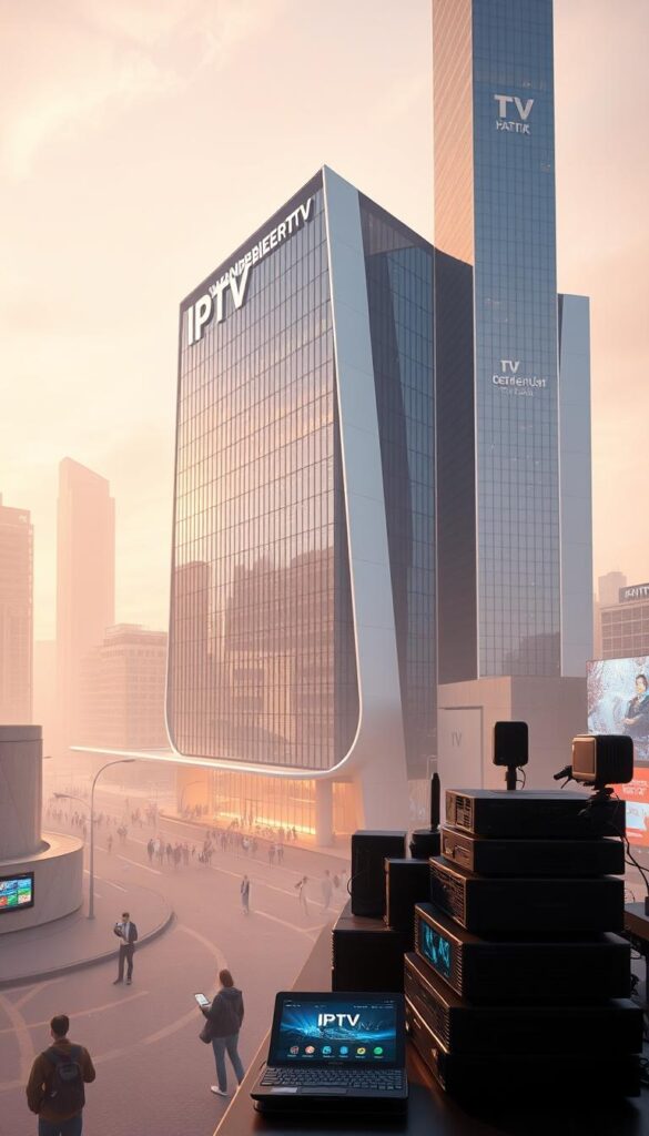 A modern, futuristic cityscape with a towering, sleek IPTVANBIETERTV headquarters building in the center. The structure features a minimalist, angular design with clean lines and reflective glass panels that glimmer in the soft, warm lighting. In the foreground, various IPTV devices and equipment are arranged neatly, showcasing the cutting-edge technology. The middle ground depicts city streets bustling with people using their IPTV-enabled devices, creating a sense of interconnectivity. The background is filled with a hazy, ethereal atmosphere, suggesting the boundless potential of IPTV technology. The overall scene conveys a sense of progress, innovation, and the increasing popularity of IPTV as a transformative technology.