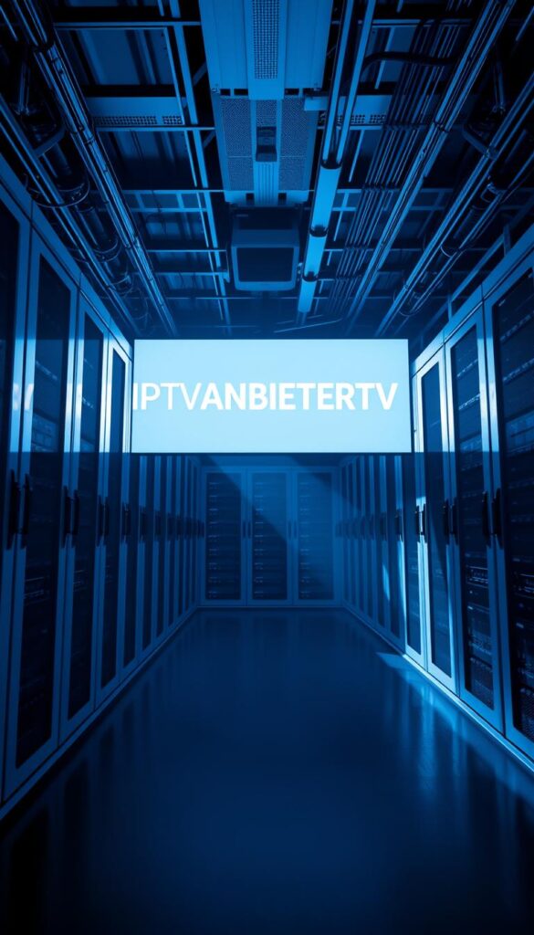 A modern, futuristic data center with racks of servers and networking equipment, displaying the text "IPTVANBIETERTV" on a sleek digital display. The room is bathed in a cool, blue-toned lighting that casts long shadows, creating a sense of depth and technical sophistication. The scene is captured from a low angle, emphasizing the scale and complexity of the IPTV infrastructure. The overall atmosphere conveys the advanced, cutting-edge nature of IPTV technology.