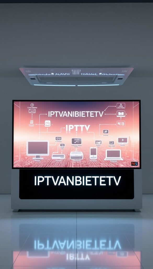 A modern, futuristic-looking digital display showing the inner workings and core components of an IPTV system. The display features a clean, minimalist design with crisp, high-resolution graphics depicting the technology behind IPTV, such as streaming protocols, content delivery networks, and user devices. The foreground showcases the IPTVANBIETERTV brand prominently, while the middle ground illustrates the flow of digital data through the IPTV infrastructure. The background has a subtle, ethereal quality, suggesting the boundless possibilities of the digital landscape. The overall tone is one of innovation, efficiency, and technological sophistication.
