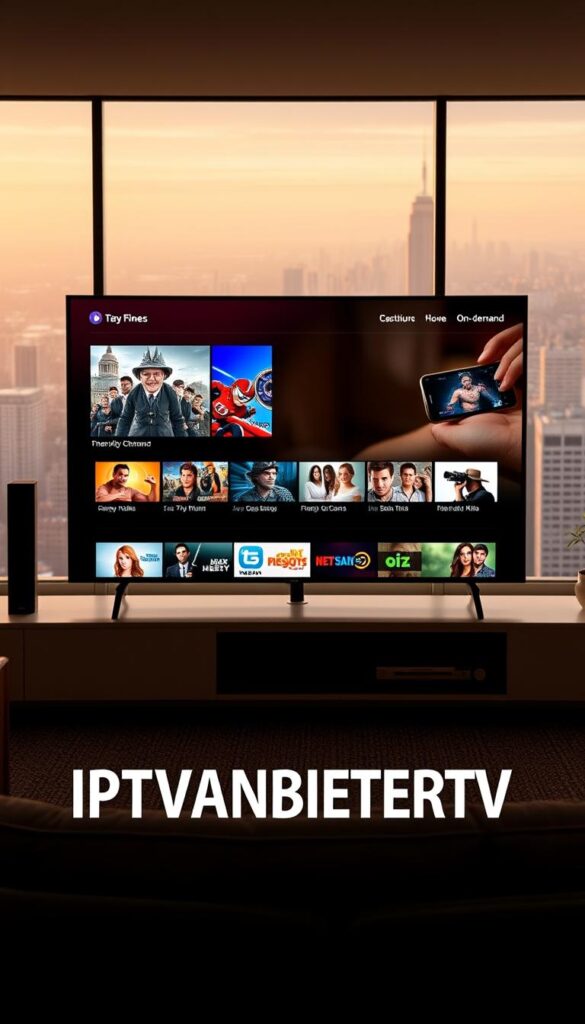 A modern, high-definition IPTV service with a sleek, minimalist interface. The IPTVANBIETERTV logo stands out prominently in the foreground, conveying a sense of quality and reliability. In the middle ground, a variety of live TV channels and on-demand content are displayed, showcasing the service's diverse entertainment offerings. The background features a soft, blurred cityscape, hinting at the wide geographic availability of the IPTV service. The overall scene is bathed in a warm, inviting lighting, creating a welcoming and visually appealing atmosphere. The composition is balanced and visually striking, capturing the essence of a premium IPTV provider.