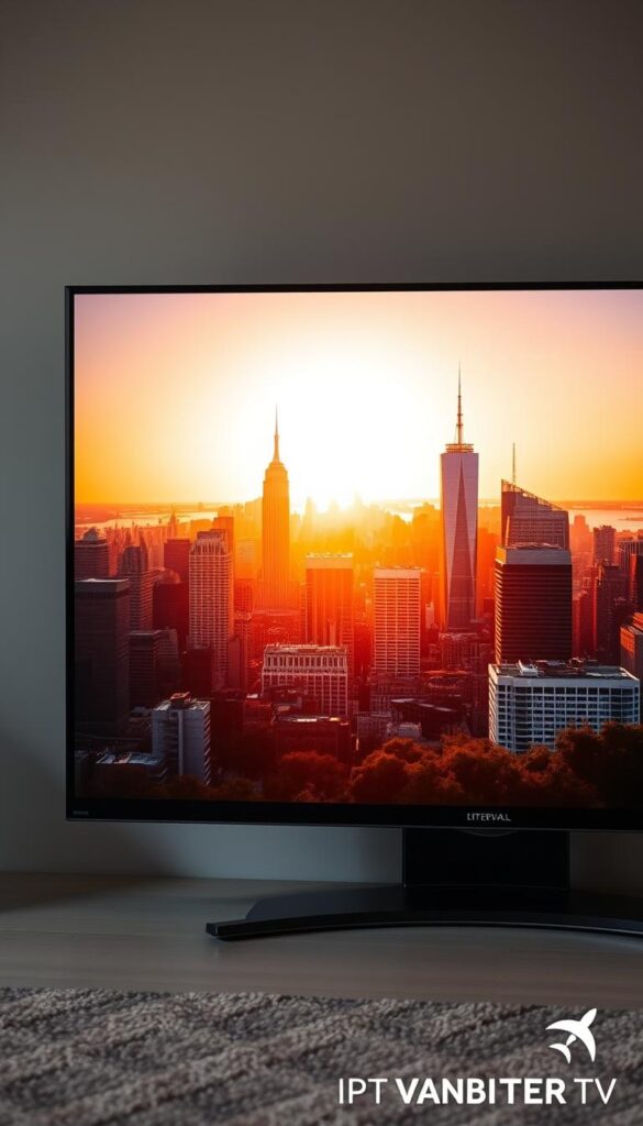 A modern, high-definition television displaying a vibrant, crystal-clear image of a bustling city skyline at golden hour. The scene is captured through a wide-angle lens with a shallow depth of field, drawing the viewer's attention to the sharp, detailed foreground. Warm, soft lighting bathes the cityscape, creating a serene, inviting atmosphere. In the bottom right corner, the IPTVANBIETERTV logo is subtly displayed, showcasing the exceptional streaming quality and performance.