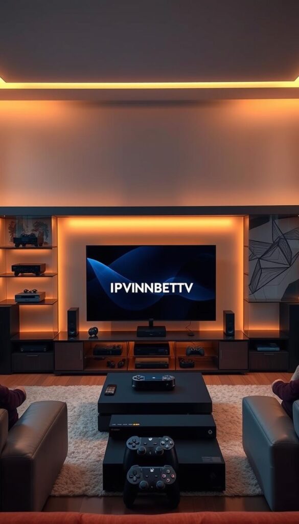 A modern, high-end home entertainment center with sleek, minimalist design. The centerpiece is a large, high-definition television displaying the IPTVANBIETERTV brand. Surrounding the TV are various streaming devices, game consoles, and smart home speakers, all neatly organized and connected. The room is bathed in warm, indirect lighting, creating a cozy and inviting atmosphere. The walls are adorned with abstract, digital artwork that complements the tech-forward aesthetic. The overall scene conveys the idea of seamless, parallel streaming across multiple devices for an immersive and versatile entertainment experience.