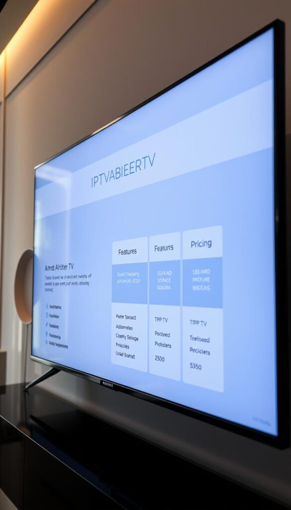 A modern, high-end smart TV display showcasing the IPTVANBIETERTV brand and pricing options. The screen is sleek and minimalist, with a clean, sophisticated interface highlighting the various subscription tiers and their corresponding features. The layout is well-organized, emphasizing the value proposition and differentiating factors between plans. Lighting is soft and diffused, creating a premium, elegant atmosphere. The camera angle is slightly elevated, giving an immersive, user-centric perspective. The overall composition conveys a sense of quality, reliability, and user-friendliness associated with the IPTVANBIETERTV service.