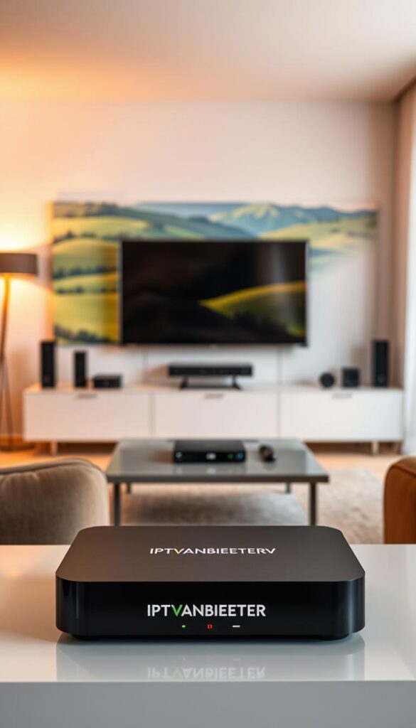 A modern, high-quality IPTV service offering a comprehensive package for TV entertainment in North Rhine-Westphalia. In the foreground, a sleek, minimalist IPTV set-top box with the brand name "IPTVANBIETERTV" prominently displayed. The middle ground features a stylish living room setup, with a large flat-screen TV mounted on the wall and various connected devices. The background showcases the beautiful landscape of NRW, with rolling hills and lush greenery. The lighting is warm and inviting, creating a cozy and immersive atmosphere. The overall composition conveys a sense of convenience, technology, and the joy of modern television viewing.