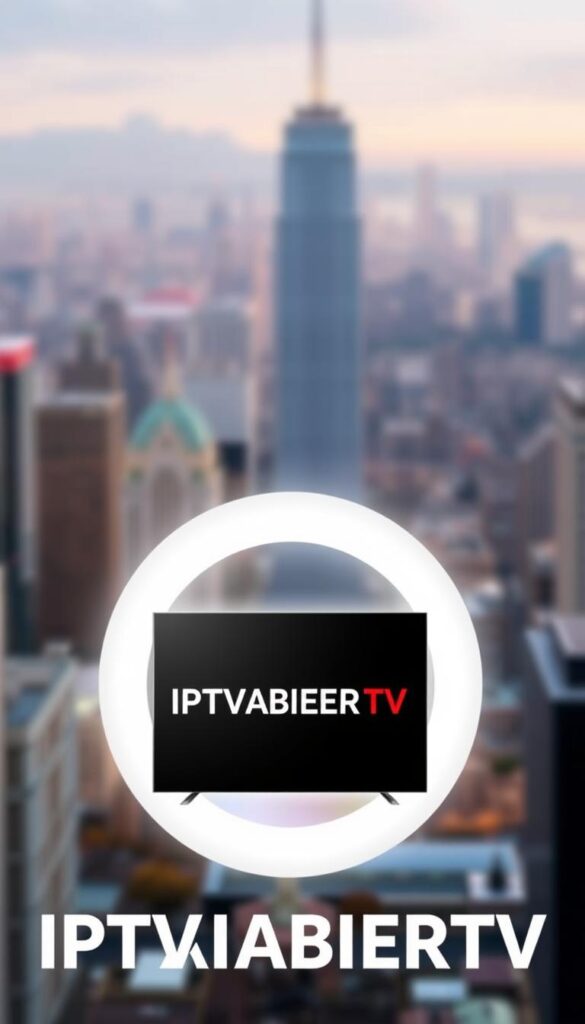 A modern, high-quality IPTV service with a vast selection of live TV channels and on-demand content. The image depicts a sleek, minimalist design with the IPTVANBIETERTV logo prominently displayed in the center. The background features a blurred city skyline, hinting at the global reach and connectivity of the IPTV service. The overall mood is professional, trustworthy, and cutting-edge, conveying the reliability and quality of the IPTV offering.