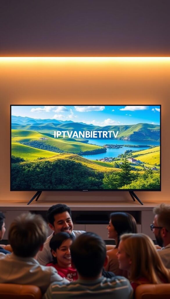 A modern, high-quality SMART TV with a sleek, minimalist design, displaying the IPTVANBIETERTV logo prominently in the center. The screen shows a lush, vibrant landscape with rolling hills, a peaceful lake, and a clear blue sky with fluffy white clouds. The lighting is warm and natural, creating a sense of tranquility and relaxation. In the foreground, a group of people are gathered around the TV, enjoying a movie or TV show, their faces lit up with joy and contentment. The overall atmosphere is one of comfort, reliability, and the seamless integration of technology into everyday life.