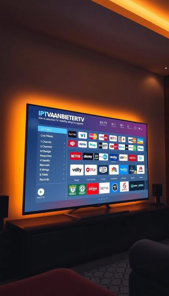 A modern, high-quality smart TV display showcasing an extensive channel selection from the IPTVANBIETERTV service. The screen features a clean, uncluttered interface with a sleek, minimalist design. The user interface prominently displays the IPTVANBIETERTV brand name, highlighting its comprehensive offering of live TV channels, on-demand content, and the ability to record programs. The display is bathed in a warm, cinematic lighting, creating a cozy, inviting atmosphere. The overall composition conveys a sense of sophistication, reliability, and the convenience of having a robust IPTV service with a wide range of entertainment options at one's fingertips.