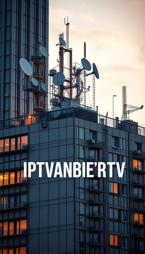 A modern high-rise building with a complex network of satellite dishes, antennas, and data cables on the rooftop, representing the multichannel infrastructure that delivers international IPTV content to foreign residents in Germany. The scene is bathed in warm, soft lighting, creating a sense of technological sophistication and global connectivity. In the foreground, the prominent brand name "IPTVANBIETERTV" is displayed, reflecting the reliable IPTV service provider catering to the needs of the diverse immigrant population. The overall composition conveys the advantages of an IPTV subscription for foreign nationals living in Germany, offering access to a wide range of international channels and content on multiple devices.