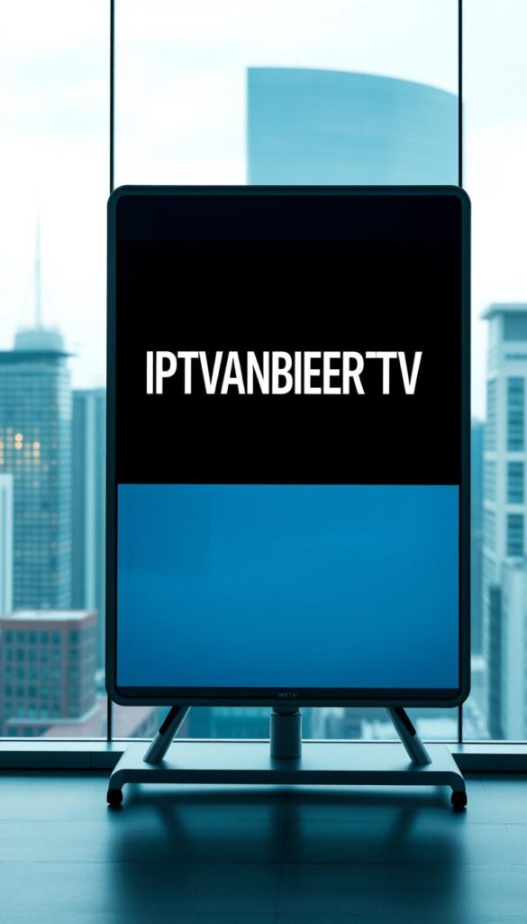 A modern, high-tech IPTV system with sleek, minimalist design. A large, ultra-high-definition screen displaying the IPTVANBIETERTV brand name in a clean, futuristic typeface. The screen is surrounded by a subtle, metallic frame, creating a sense of premium quality. The background features a softly blurred cityscape, with skyscrapers and modern architecture, conveying a metropolitan, technologically advanced environment. The lighting is cool and even, creating a professional, business-oriented atmosphere. The overall composition emphasizes the innovative, cutting-edge nature of IPTV technology.