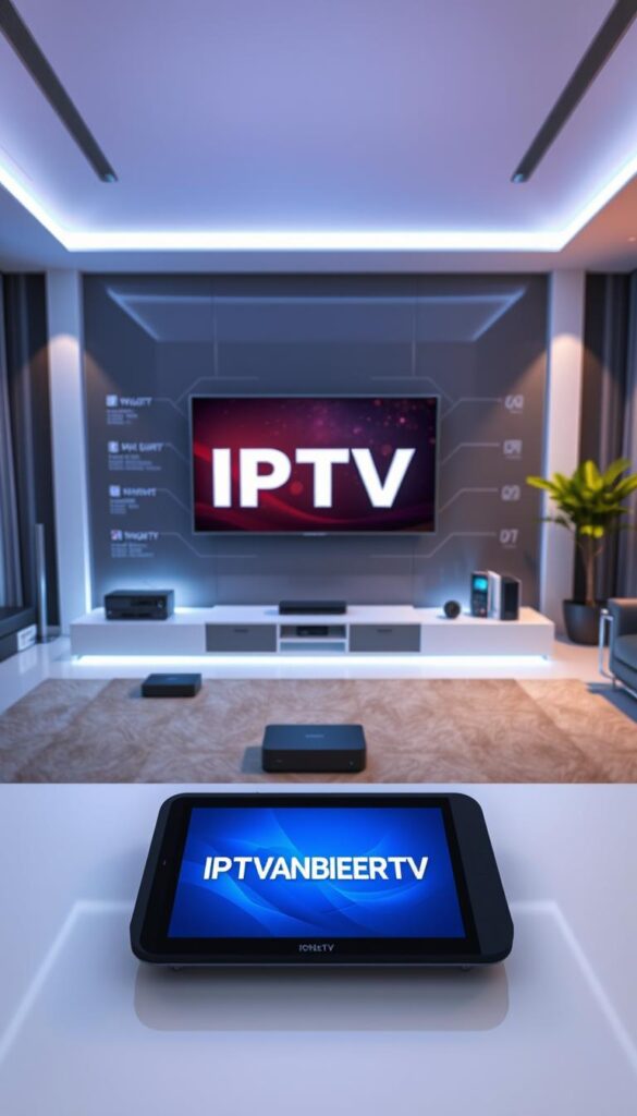 A modern, high-tech IPTV system with sleek, minimalist devices and a clean, intuitive interface. The foreground features the IPTVANBIETERTV brand name displayed prominently on a large, high-definition screen. The middle ground showcases various connected devices like smart TVs, streaming boxes, and mobile devices, all seamlessly integrated. The background depicts a futuristic, digitally-enhanced living room setting with ambient lighting and subtle 3D elements, creating a sense of immersion and technological advancement. The overall mood is one of innovation, convenience, and a revolutionized home entertainment experience.