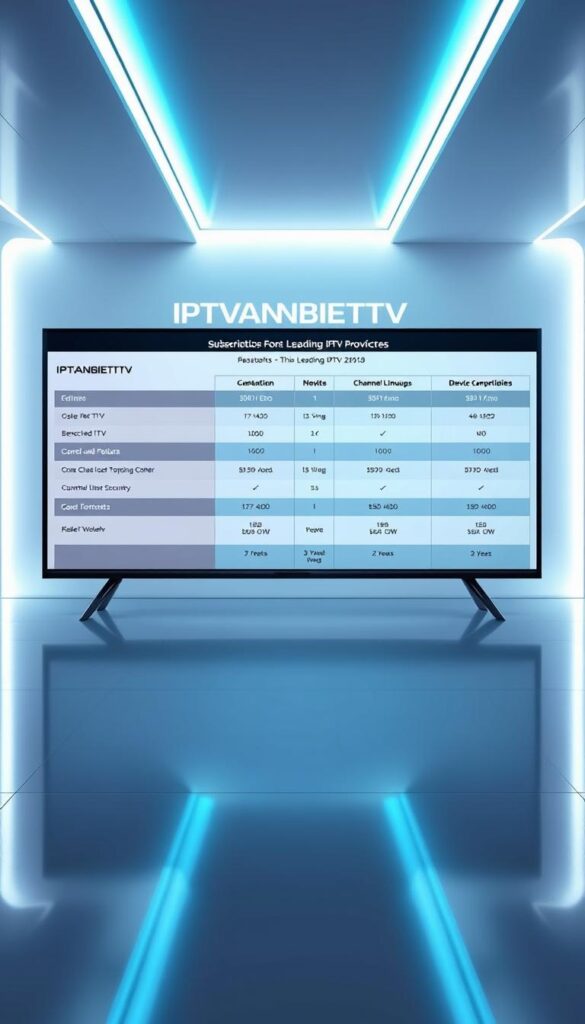 A modern, high-tech comparison of the leading IPTV providers, showcasing their features and services against a clean, sleek backdrop. The IPTVANBIETERTV brand prominently displayed, with a minimalist UI showcasing subscription options, channel lineups, and device compatibility. The scene is bathed in a cool, futuristic lighting, creating a sense of professionalism and authority. The overall tone is informative and authoritative, reflecting the content's focus on helping users find the best IPTV solution for their needs.