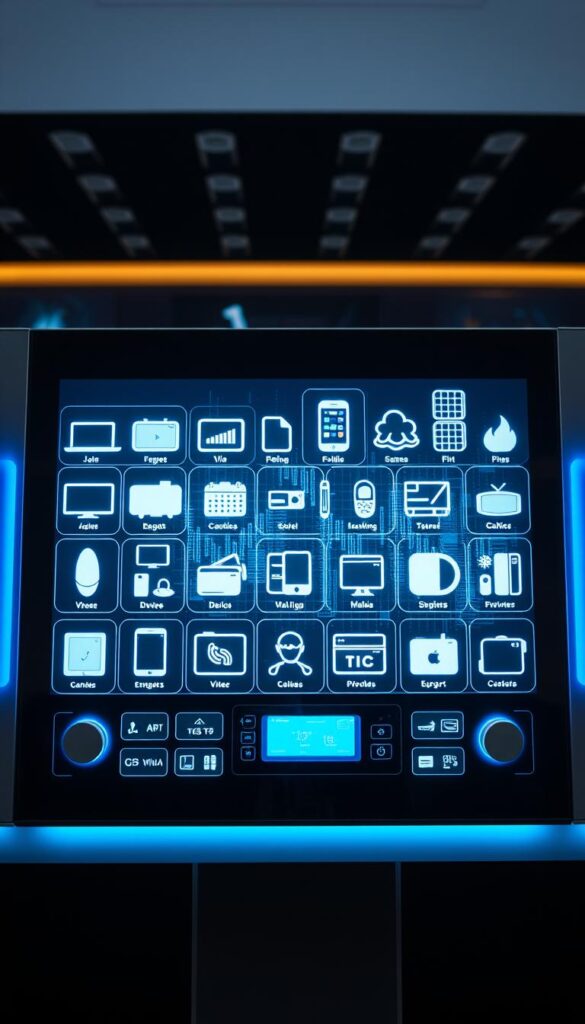 A modern, high-tech control panel displaying a diverse array of smart devices and gadgets, showcasing the comprehensive device support offered by IPTVANBIETERTV. The panel features sleek, minimalist icons and intuitive touchscreen controls, bathed in a cool, futuristic lighting scheme. In the background, a dynamic, data-driven visualization pulses with real-time information, emphasizing the advanced capabilities of the IPTVANBIETERTV platform. The overall impression conveys a sense of cutting-edge technology, seamless integration, and the ability to effortlessly manage a wide range of devices through a single, centralized interface.