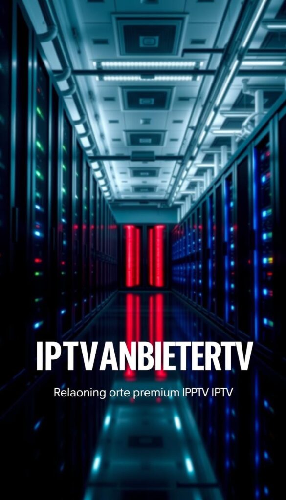 A modern, high-tech data center with rows of powerful servers and cooling systems. Sleek black cabinets and blinking LED lights, reflecting off the polished floors. In the foreground, a stylized logo for "IPTVANBIETERTV" in bold, dynamic typography. Ambient lighting casts a cool, futuristic glow, creating an atmosphere of efficiency and technological prowess. The composition emphasizes the scale and sophistication of the IPTV provider's infrastructure, conveying its ability to reliably deliver premium PPV events to customers.