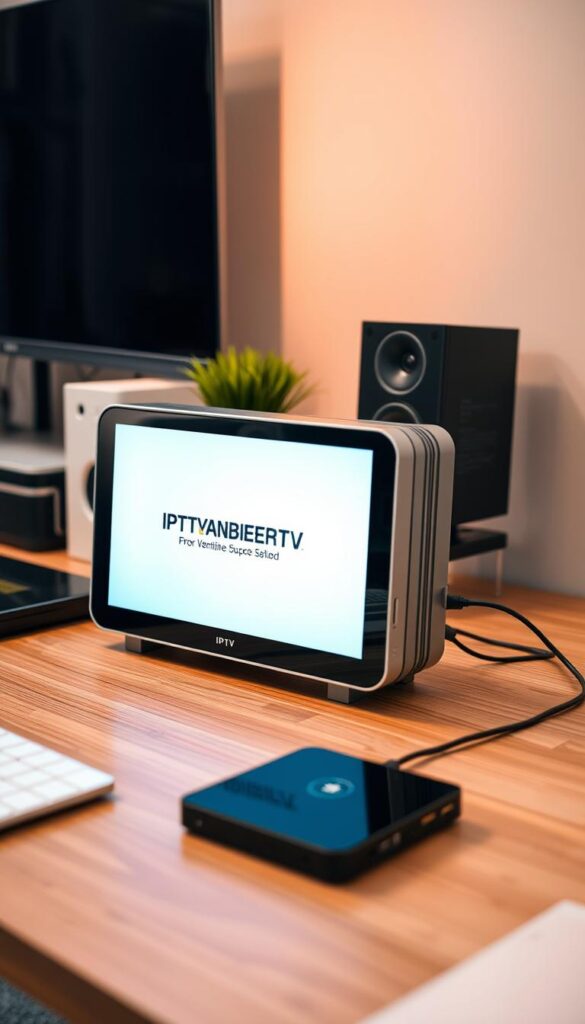 A modern, high-tech electronic device with a sleek, minimalist design sits on a wooden desk. The device has a large, bright display showing the IPTVANBIETERTV logo and a simple, intuitive interface. The desk is neatly organized, with a minimalist aesthetic and a few other office supplies. The lighting is soft and diffused, creating a warm, inviting atmosphere. The image conveys a sense of professionalism, efficiency, and ease of use for the IPTV service.
