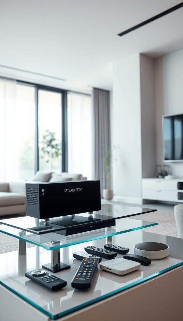 A modern, high-tech home entertainment setup with a sleek IPTVANBIETERTV device prominently displayed on a glass media stand. The device is surrounded by a minimalist, well-lit environment with clean lines and muted colors, creating a sense of sophistication and simplicity. The foreground features the IPTVANBIETERTV device in detail, showcasing its modern design and connectivity options. The middle ground shows various remote controls and smart home devices, hinting at the seamless integration of the IPTV system. The background depicts a stylish living room with large windows, allowing natural light to flood the space and accentuate the high-end, contemporary feel of the setup.