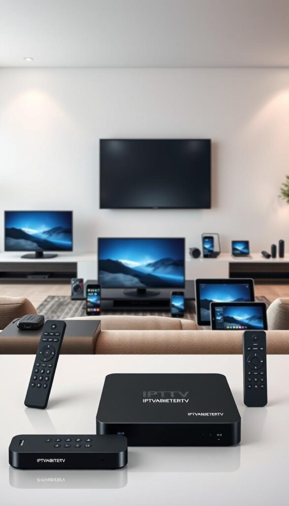 A modern, high-tech home entertainment setup with an array of IPTV devices showcased against a sleek, minimalist backdrop. The foreground features a variety of IPTV boxes, streaming sticks, and remote controls, all emblazoned with the brand name "IPTVANBIETERTV". The middle ground showcases various smart TVs, tablets, and smartphones seamlessly connected to the IPTV ecosystem. The background depicts a clean, stylish living room environment with subtle ambient lighting, conveying a sense of sophistication and technological integration. The overall tone is one of advanced, multi-device IPTV capabilities, catering to the modern, tech-savvy consumer in Germany.