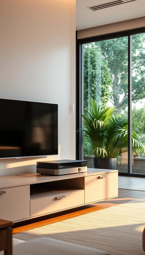 A modern, high-tech home entertainment system with a sleek, minimalist IPTVANBIETERTV device prominently displayed on a modern TV cabinet. The room is filled with warm, soft lighting that accentuates the clean lines and muted colors of the furniture. In the background, a large window offers a view of a lush, verdant garden, creating a sense of tranquility and connection to nature. The overall atmosphere conveys the convenience, flexibility, and advanced features of IPTV technology, highlighting its advantages over traditional TV services.