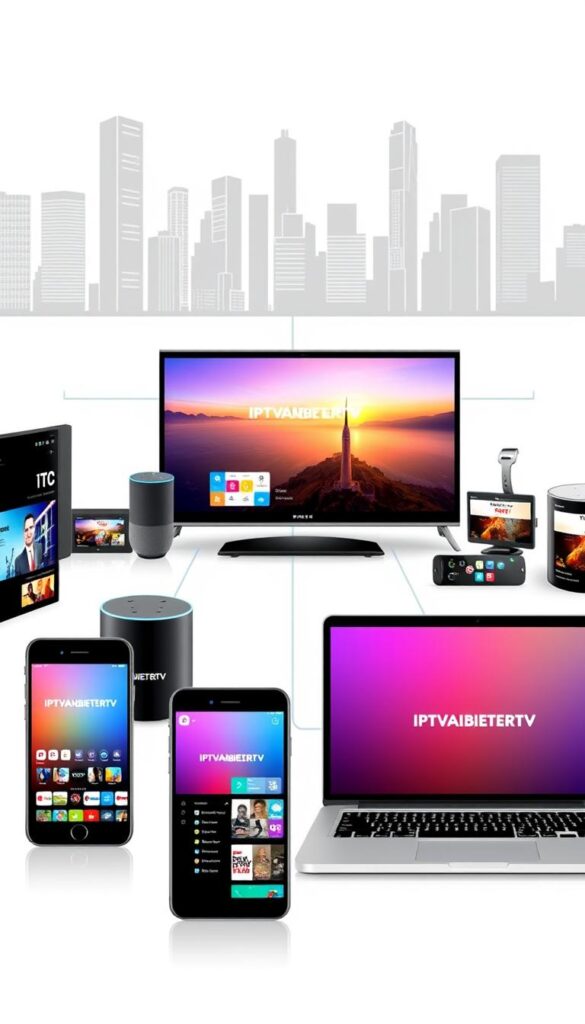 A modern, high-tech illustration depicting multiple digital devices seamlessly connected and displaying the IPTVANBIETERTV brand. The foreground features a sleek smartphone, tablet, and laptop, each displaying vibrant, content-rich interfaces. The middle ground showcases various other smart home devices like a smart TV, voice assistant, and wearable, all interacting harmoniously. The background features a minimalist, futuristic cityscape with skyscrapers, hinting at the widespread connectivity and technological advancements enabled by IPTVANBIETERTV's multi-device support. The overall scene conveys a sense of efficiency, interconnectivity, and the effortless way IPTVANBIETERTV's services can be accessed across a wide range of devices.