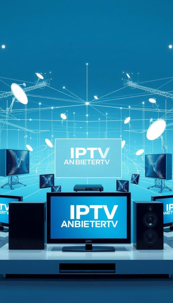 A modern, high-tech illustration of IPTV technology in Germany. A sleek, futuristic interface featuring the brand "IPTVANBIETERTV" prominently displayed on a digital screen. In the foreground, an array of smart devices - TVs, tablets, smartphones - seamlessly connected and streaming content. The middle ground showcases a network of digital signals, cables, and satellite dishes, representing the infrastructure that powers IPTV. The background has a clean, minimalist design with a sense of depth, emphasizing the advanced, efficient nature of the IPTV system. The entire scene is bathed in a cool, blue-tinted lighting, creating a professional, cutting-edge atmosphere.