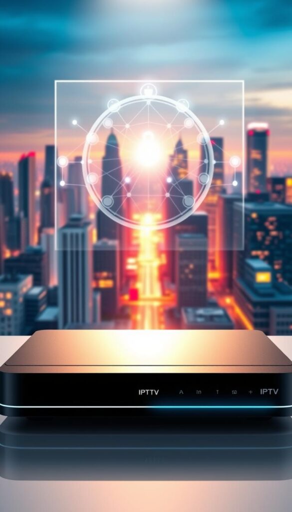 A modern, high-tech illustration of IPTV technology. In the foreground, a sleek IPTVANBIETERTV set-top box with clean lines and a minimalist design. Behind it, a holographic display depicting a network diagram, showcasing the interconnected nature of IPTV infrastructure. In the background, a futuristic cityscape with towering skyscrapers and a vibrant, neon-lit skyline, hinting at the advanced communication networks that power IPTV. The scene is illuminated by a warm, directional light, creating a sense of depth and emphasizing the technological sophistication. The overall mood is one of innovation, connectivity, and the seamless integration of digital media into our daily lives.
