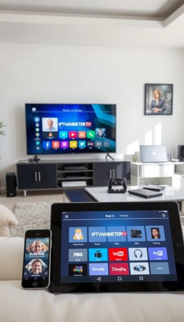 A modern, high-tech living room setting with various devices showcasing the IPTVANBIETERTV service. In the foreground, a sleek smart TV displaying the IPTVANBIETERTV interface. In the middle ground, a tablet and a smartphone also connected to the IPTVANBIETERTV service, highlighting the multi-device compatibility. The background features a neatly organized media center, with a laptop, a gaming console, and other electronic devices, all seamlessly integrated into the setup. The lighting is bright and natural, creating a welcoming atmosphere. The overall scene conveys the ease and convenience of setting up and using the IPTVANBIETERTV service across a range of devices.