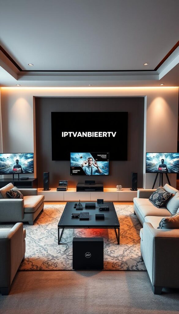 A modern, high-tech living room with a central media hub displaying the IPTVANBIETERTV logo. Sleek, minimalist furniture and large, immersive display screens showcase various devices seamlessly connected and streaming content. Soft, diffused lighting creates a cozy, comfortable atmosphere, while strategic camera angles highlight the harmony and integration of this multidevice setup. The scene conveys a sense of convenience, entertainment, and the flexibility to enjoy IPTV on any screen in the home.