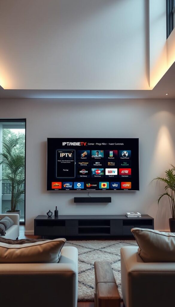 A modern, high-tech living room with a large, flat-screen TV mounted on the wall. The room is well-lit with a combination of natural light from large windows and soft, ambient lighting. On the TV screen, a sleek, minimalist interface showcases the "IPTVANBIETERTV" brand, highlighting a range of affordable IPTV packages with access to a vast library of live TV channels and on-demand content. The room has a cozy, inviting atmosphere, with plush furniture and tasteful decor, conveying a sense of comfort and entertainment.