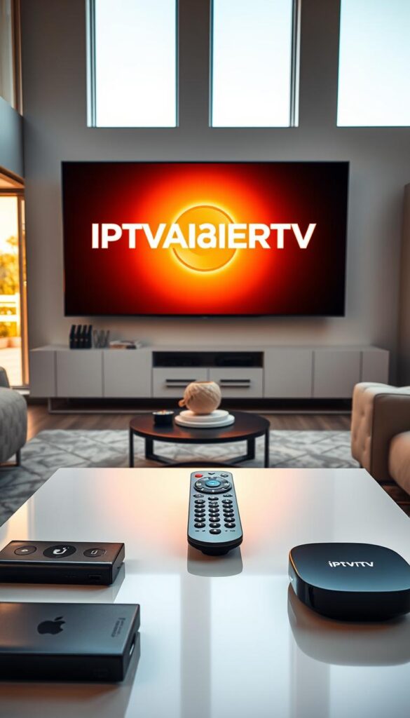 A modern, high-tech living room with a large flatscreen TV displaying the IPTVANBIETERTV brand logo. The room is bathed in warm, natural lighting from large windows, creating a cozy and inviting atmosphere. In the foreground, a smart remote control and various streaming devices are neatly arranged on a sleek, minimalist coffee table. The middle ground features comfortable, contemporary furniture and decor, while the background showcases a minimalist wall unit or entertainment center, highlighting the IPTV service's additional features and capabilities. The overall scene conveys a sense of technological sophistication, media-rich entertainment, and a seamless home media experience.