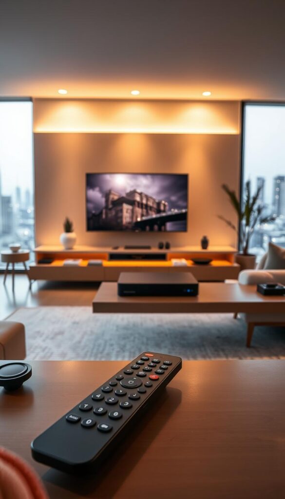 A modern, high-tech living room with a sleek IPTVANBIETERTV set-top box prominently displayed on a floating entertainment center. The room is bathed in warm, ambient lighting, creating a cozy and inviting atmosphere. In the foreground, a wireless remote control and a modern smart TV create a seamless home entertainment setup. The middle ground features a minimalist, Scandinavian-inspired sofa and decor, while the background showcases a large window overlooking a cityscape, emphasizing the convenience and versatility of IPTV with recording capabilities. The overall scene conveys the comfort, control, and technological sophistication of this IPTV service.