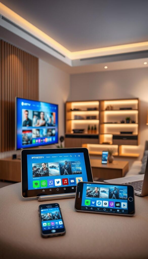 A modern, high-tech living room with a variety of devices displaying IPTV content. In the foreground, a sleek smart TV and a tablet are showcasing IPTVANBIETERTV's user interface. In the middle ground, a smartphone and a laptop are also connected to the IPTV service, demonstrating its cross-device compatibility. The background features a stylish entertainment center with subtle lighting, creating a warm and inviting atmosphere. The scene conveys the ease and flexibility of enjoying IPTV on multiple devices, from the comfort of one's home.