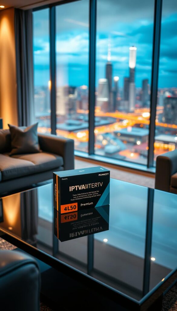 A modern, high-tech living room with sleek furniture and large windows overlooking a vibrant city skyline. On a glass coffee table, a premium IPTVANBIETERTV subscription package is prominently displayed, its streamlined packaging and bold branding catching the eye. Soft, warm lighting emanates from hidden sources, creating a cozy and inviting atmosphere. The scene conveys a sense of sophistication and the convenience of accessing a vast library of entertainment options with just a few clicks. The image should inspire viewers to consider the benefits of an IPTV Jahresabo and encourage them to explore the best provider in Germany.