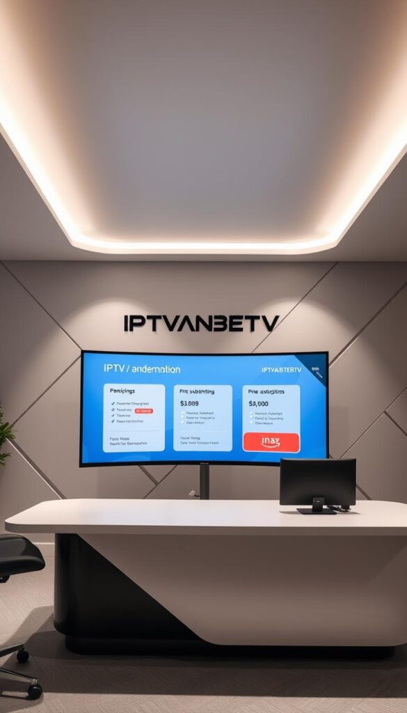 A modern, high-tech office interior showcasing the IPTVANBIETERTV brand. The scene features a sleek, minimalist workstation with a large curved monitor displaying pricing information and subscription options. The background is a neutral color palette with geometric patterns, creating a sense of sophistication and professionalism. Soft, directional lighting illuminates the workspace, highlighting the clean lines and attention to detail. The overall atmosphere conveys a sense of efficiency, reliability, and a commitment to providing customers with a seamless IPTV experience.