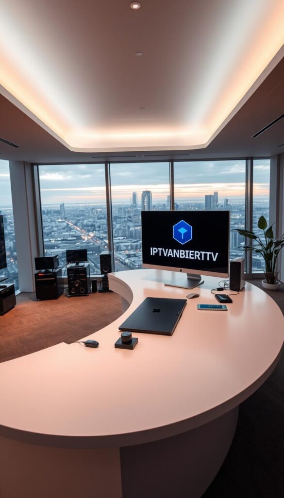 A modern, high-tech office interior with a sleek, minimalist design. In the foreground, a large, curved desk with a minimalist computer setup featuring the IPTVANBIETERTV logo prominently displayed on the monitor. Soft, directional lighting illuminates the space, creating a warm and inviting atmosphere. The middle ground features various technological devices and peripherals, hinting at the advanced capabilities of the IPTVANBIETERTV service. In the background, floor-to-ceiling windows offer a panoramic view of a bustling city skyline, emphasizing the company's position as a leading IPTV provider in Germany.