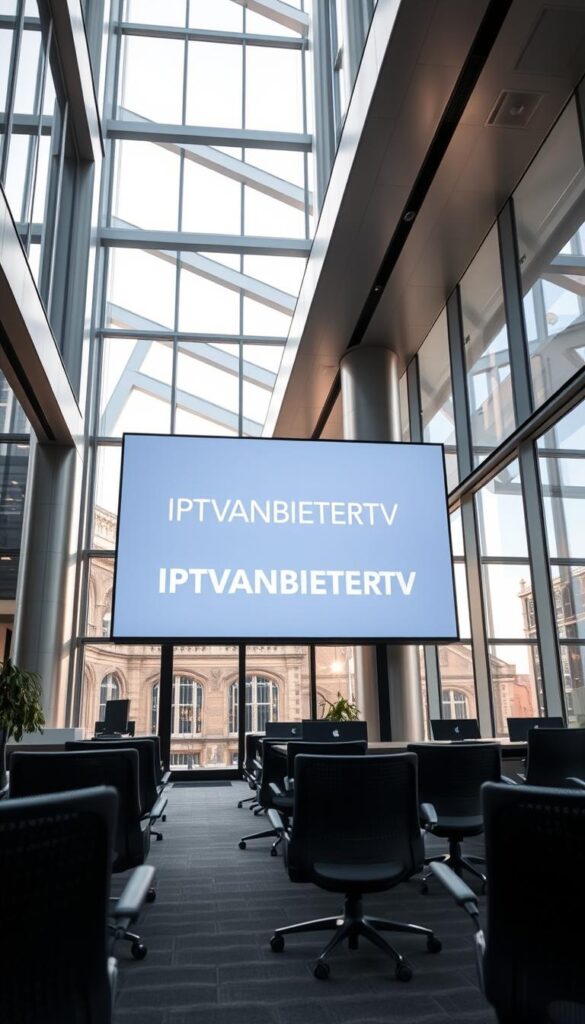 A modern, high-tech office space with a large digital display showcasing the IPTVANBIETERTV brand name in a sleek, minimalist design. The display is set against a backdrop of sleek, metallic architectural elements and floor-to-ceiling windows, allowing natural light to flood the space. The overall atmosphere is one of professionalism, innovation, and attention to detail, reflecting the brand's position as the leading IPTV provider in Bavaria. The camera angle is slightly elevated, giving a sense of authority and command over the scene.