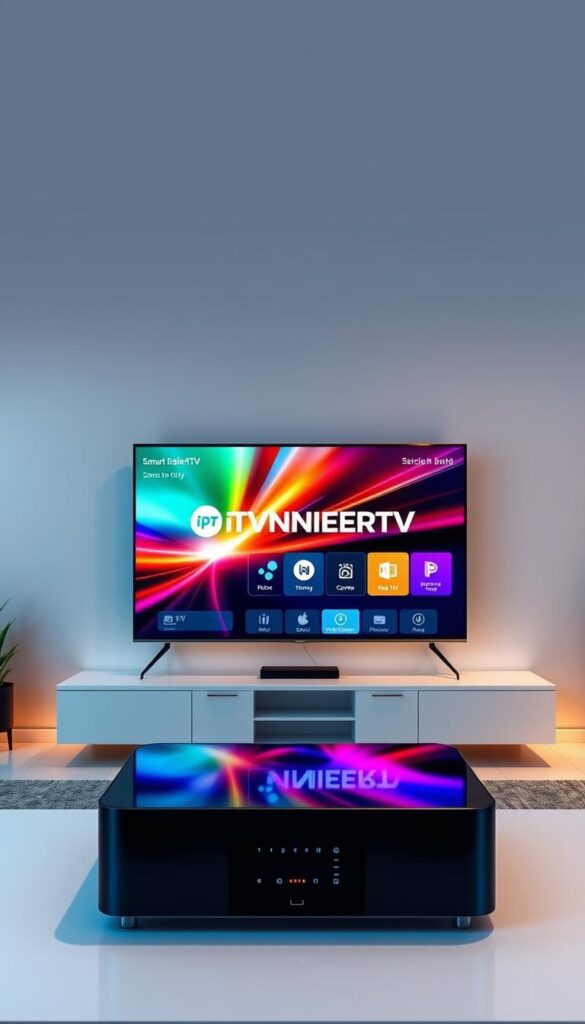 A modern, high-tech smart TV display showcasing the IPTVANBIETERTV brand and its compatibility with various platforms. The scene features a sleek, minimalist living room setting with a large, ultra-high-definition TV screen taking center stage. The screen displays a visually striking, dynamic interface highlighting the IPTVANBIETERTV logo and service offerings. The background is softly lit, creating a warm, inviting atmosphere. The overall composition emphasizes the device's versatility, high-quality visuals, and seamless integration into a contemporary home entertainment setup.