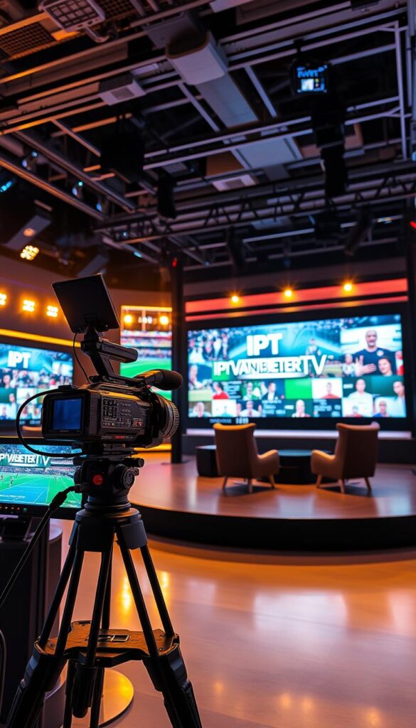 A modern, high-tech sports broadcasting studio set with a large video wall displaying the IPTVANBIETERTV logo. The foreground features sleek, minimalist broadcasting equipment and a professional-grade camera on a fluid tripod. The middle ground showcases a stylish anchor desk with plush chairs, and the background has a dynamic, brightly lit screen showing an array of live sports footage. The overall atmosphere is one of cutting-edge technology, high production value, and a sense of excitement for the live sports experience. Warm, directional lighting creates depth and highlights the various elements, while a wide-angle lens captures the expansive, immersive nature of the setting.