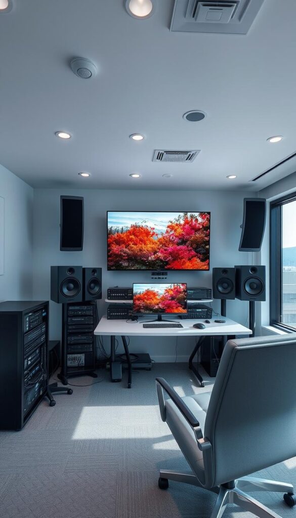 A modern, high-tech streaming room with state-of-the-art IPTVANBIETERTV equipment. Bright, evenly lit interior with sleek, minimalist design. Crisp, detailed 4K display showing a vibrant, colorful nature scene. Surround sound speakers with clean, powerful audio. Server rack with multiple network devices and cables. Ergonomic desk setup with a comfortable chair. Large windows offering a scenic view. Cool, calming color palette with hints of blue and gray. Conveys a sense of quality, reliability, and cutting-edge technology.