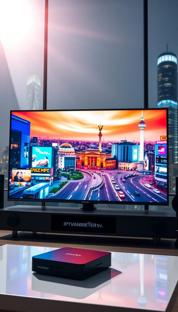 A modern, high-tech television streaming service in Berlin, with sleek and minimalist design. The scene features a large flatscreen TV displaying vibrant, high-definition content, surrounded by state-of-the-art streaming devices like the IPTVANBIETERTV box. The lighting is bright and crisp, emphasizing the clarity and sharpness of the image. The background showcases the urban cityscape of Berlin, with glimpses of iconic landmarks and a dynamic, energetic atmosphere. The overall mood is one of sophistication, technological advancement, and the convenience of on-demand entertainment.