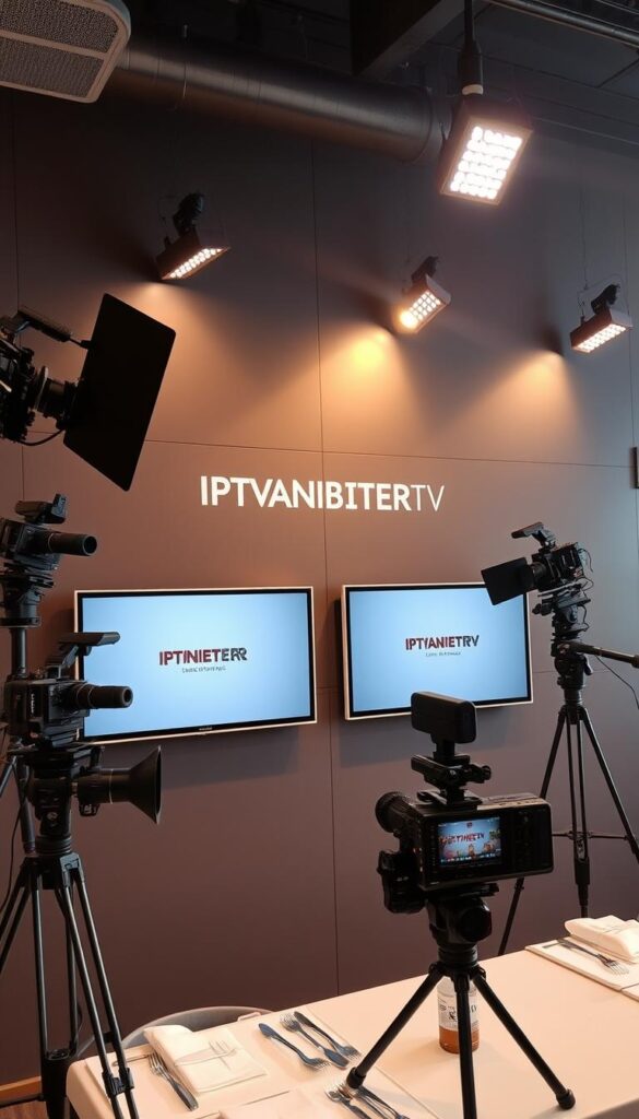 A modern, high-tech television studio setup in a chic, contemporary gastronomic setting. Sleek, silver touchscreen displays mounted on a minimalist, charcoal-colored wall backdrop. Strategically placed lighting fixtures cast a warm, inviting glow, highlighting the IPTVANBIETERTV branding prominently featured. Sophisticated camera equipment, microphones, and other broadcasting paraphernalia are neatly arranged, conveying a sense of professionalism and efficiency. The overall atmosphere is one of technological innovation seamlessly integrated into the culinary world, reflecting the "revolution of television in the hospitality industry."