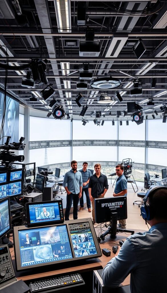 A modern, high-tech television studio with an array of professional broadcasting equipment. In the foreground, a state-of-the-art IPTVANBIETERTV control station with a sleek, futuristic design, multiple screens displaying live video feeds, and an intuitive control interface. In the middle ground, a team of technicians in casual attire operating the various systems, their expressions focused and determined. The background features a panoramic view of the studio, with an intricate network of cables, lights, and camera rigs creating a complex, industrial aesthetic. The overall scene conveys a sense of cutting-edge technology, precision, and the seamless delivery of a diverse range of television channels to viewers.