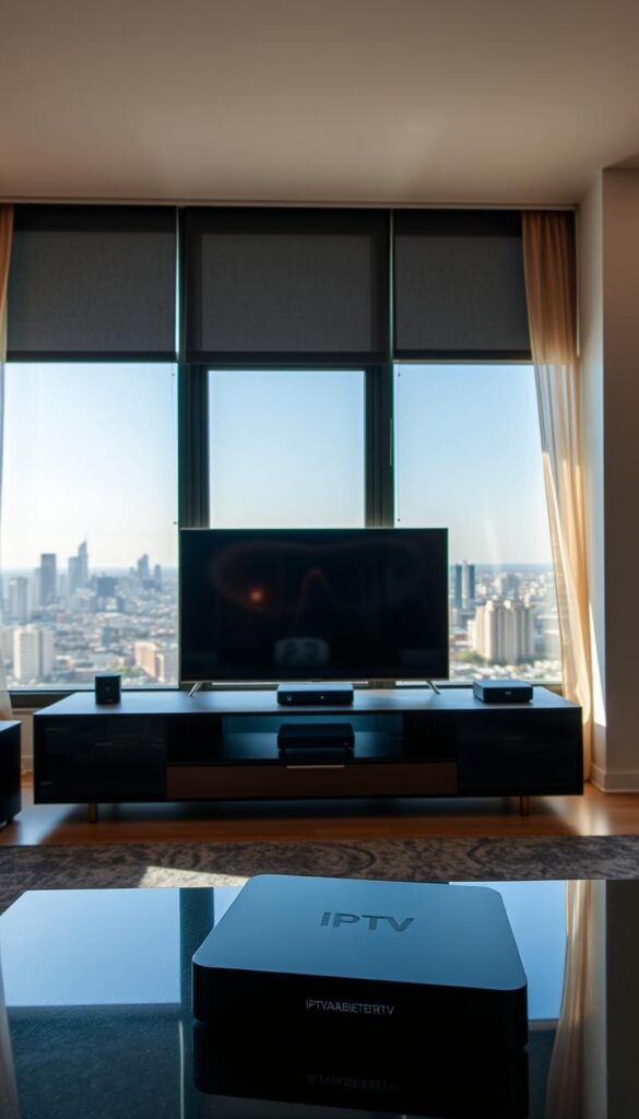 A modern home entertainment center with a high-tech IPTV setup. A sleek, minimalist TV stands in the foreground, displaying a crisp, high-definition image. In the middle ground, a stylish media console houses various streaming devices, including the IPTVANBIETERTV box. The background features a large window overlooking a cityscape, allowing natural light to flood the room and create a warm, inviting atmosphere. The overall scene conveys a sense of technological sophistication and seamless integration of IPTV into the domestic space.