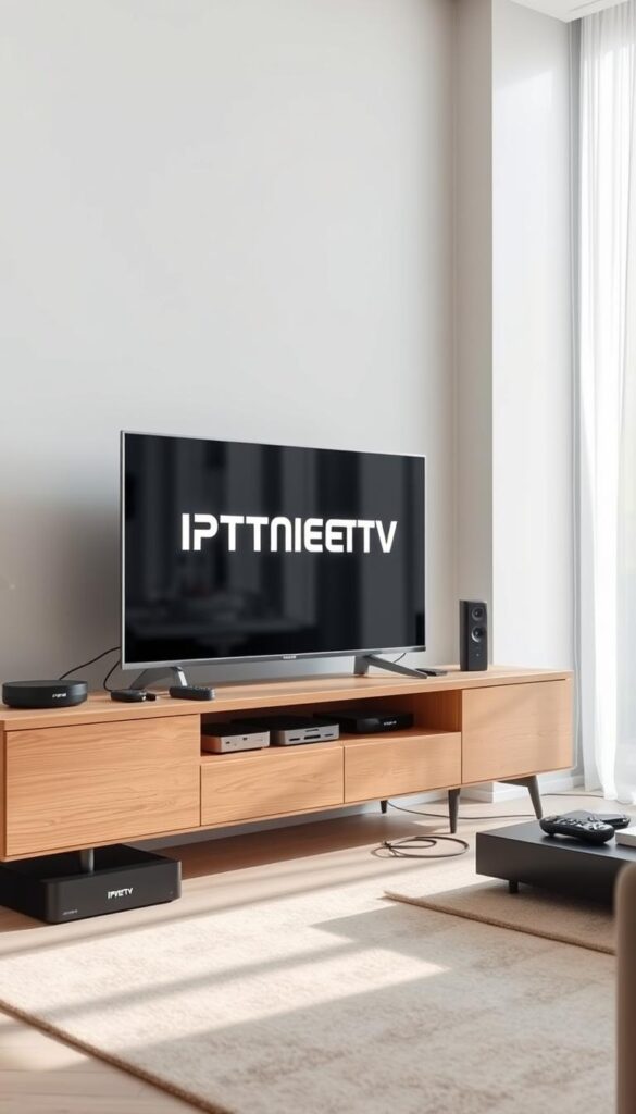 A modern home entertainment setup featuring a sleek IPTVANBIETERTV device on a minimalist wooden TV stand. The device is surrounded by various streaming devices and cables, conveying the technological sophistication of IPTV. The room has clean lines, soft lighting, and neutral colors, creating a sense of calm and focus on the display. In the background, a large window allows natural light to pour in, highlighting the device's modern design. The overall scene reflects the revolutionary and transformative nature of IPTV technology in the living room.