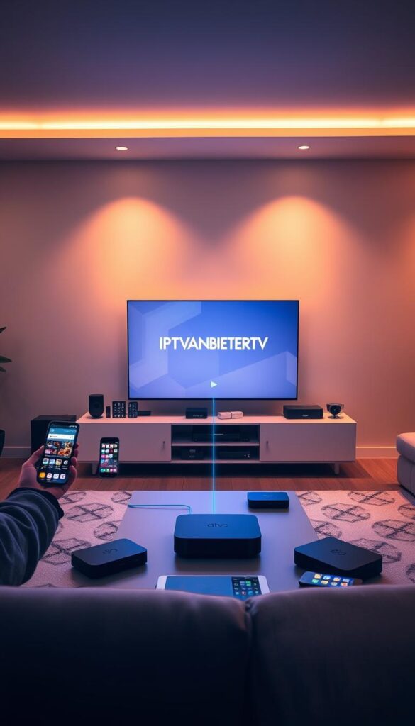 A modern home entertainment setup featuring the IPTVANBIETERTV brand, showcasing multiple devices seamlessly connected and in use. The scene depicts a sleek, minimalist living room with a large, high-definition television at the center, surrounded by a variety of devices such as smartphones, tablets, and streaming boxes. The lighting is warm and inviting, creating a cozy atmosphere. The devices are arranged in a visually appealing manner, suggesting the ease and convenience of using multiple devices simultaneously. The overall composition conveys the flexibility and versatility of the IPTVANBIETERTV service, catering to the needs of a tech-savvy household.