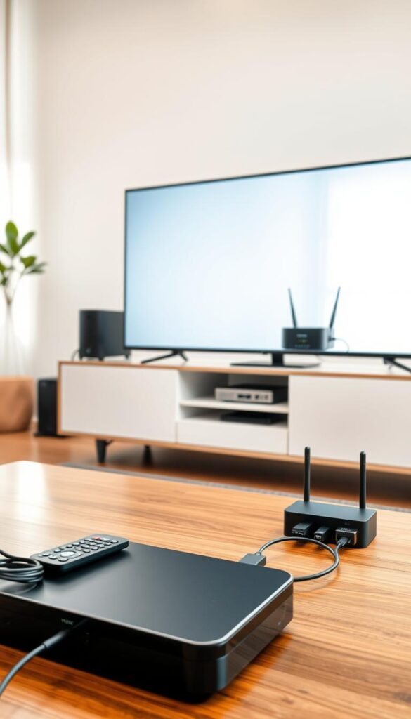 A modern home entertainment setup with a sleek IPTVANBIETERTV set-top box connected to a large 4K flatscreen television. The living room is brightly lit by natural light filtering through large windows, creating a warm and inviting atmosphere. The coffee table in the foreground features a remote control and a tidy arrangement of cables and adapters, hinting at the technical setup required for IPTV. In the background, a minimalist entertainment unit displays various streaming devices and a high-speed internet router, emphasizing the core technical requirements for a seamless IPTV experience.
